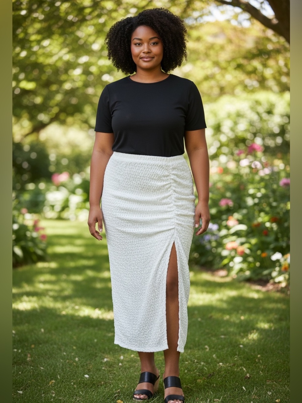 A.C.W Women’s White Textured Midi Skirt with Side Slit - Size M